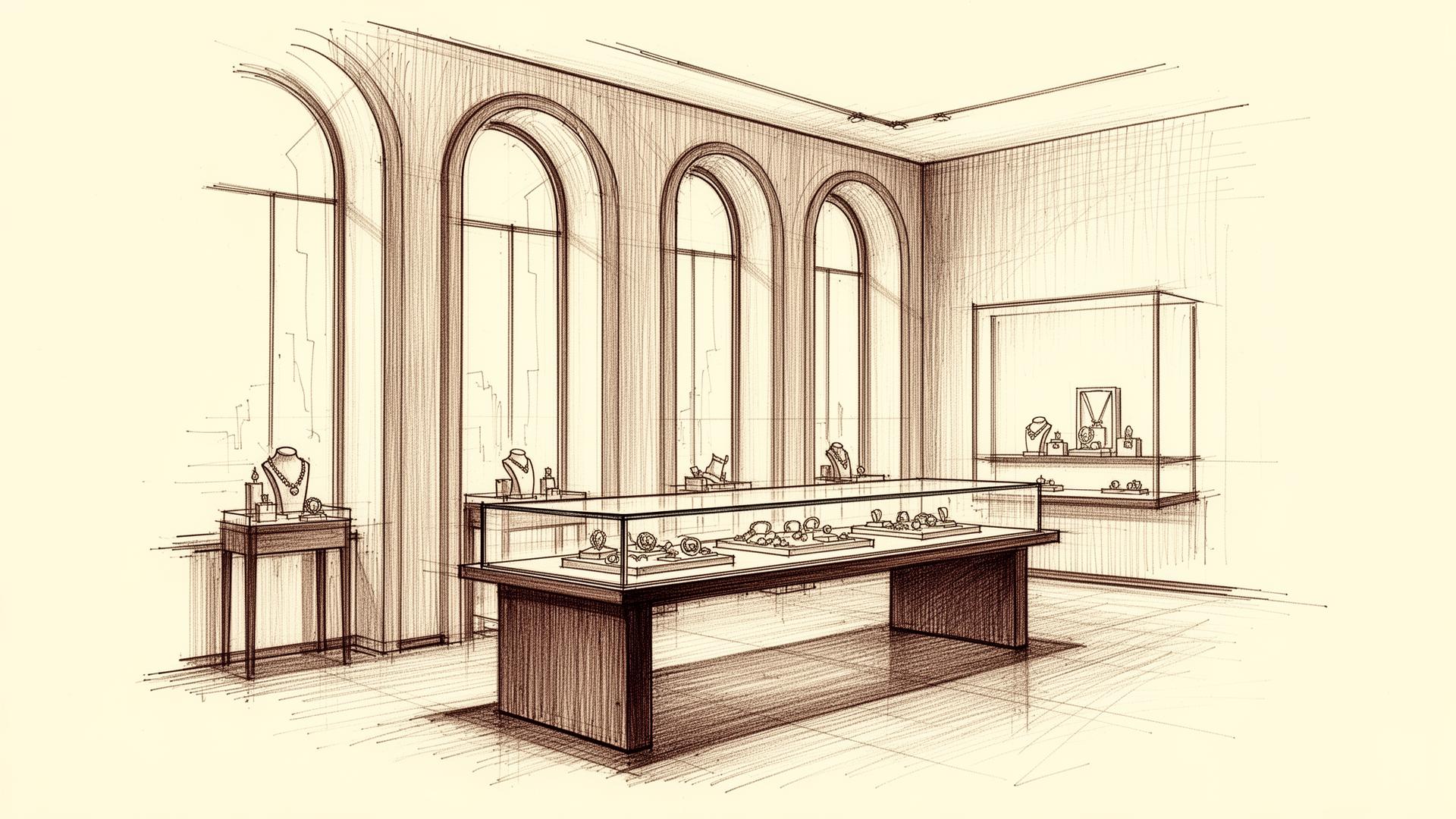 Architectural sketch of the TLKE showroom